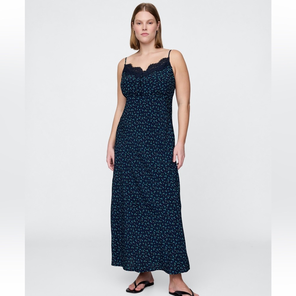 GAP Crepe Lace-Trim Sweetheart, Navy Ditsy Floral Maxi Dress